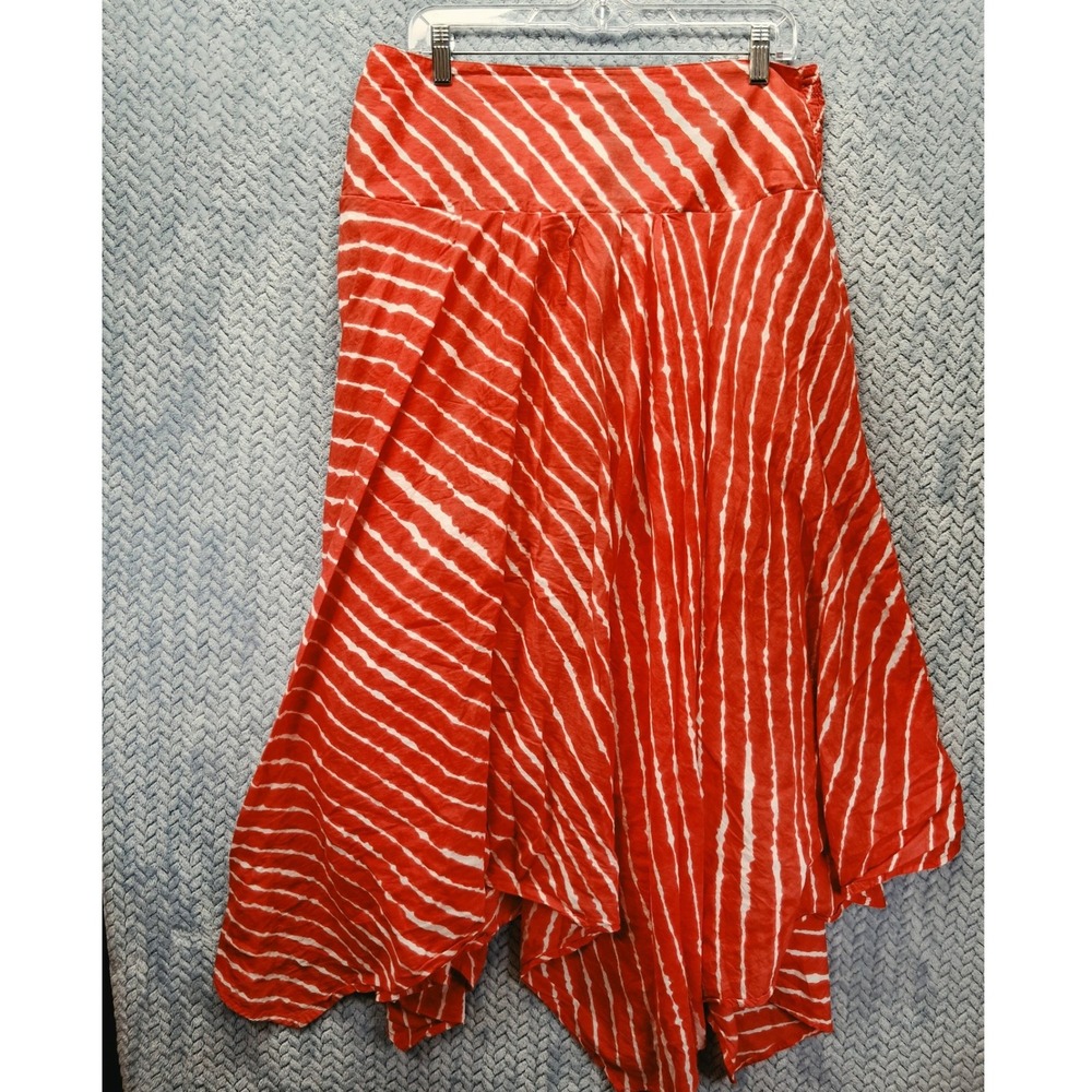 Cato Red White Striped Handkerchief Hem Midi Skirt Large Cotton Smocked Waist